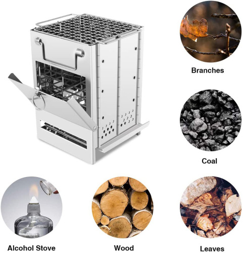 Liftable square wood stove stainless steel folding barbecue outdoor camping barbecue grill charcoal campfire grill