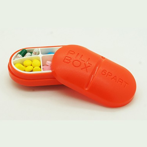 Cross-border affordable portable pill box, capsule-shaped one-week storage box, 6-compartment mini six-compartment pill box with logo printed on it