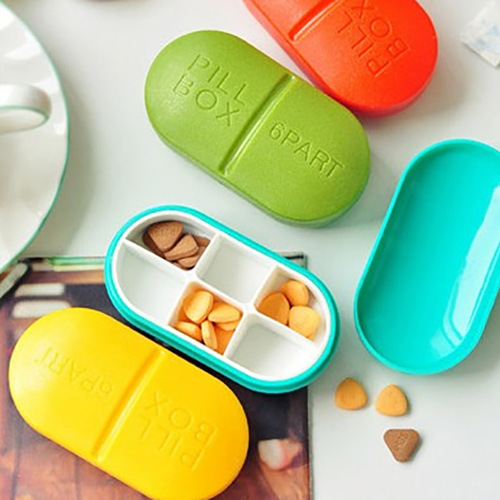 Cross-border affordable portable pill box, capsule-shaped one-week storage box, 6-compartment mini six-compartment pill box with logo printed on it