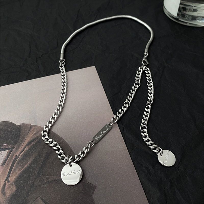 French Vintage Fashion Titanium Steel Snake Bone Splicing Necklace Ins Trend Hip Hop Street Men's Round Pendant Clavicle Sweater Chain_voghion.com