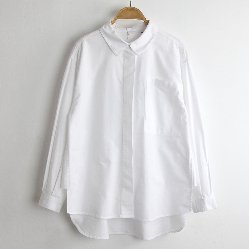8301 # 2026 Spring New Style Hidden Placket Short Front Long Back White Shirt Loose Fit Long Sleeve Casual Shirt for Women