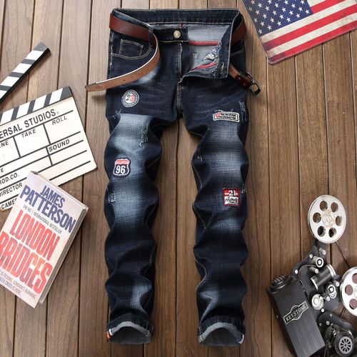 Autumn/Winter Men's Korean Style Tapered Stretch Versatile Casual Straight Leg Embroidered Print Jeans Trend