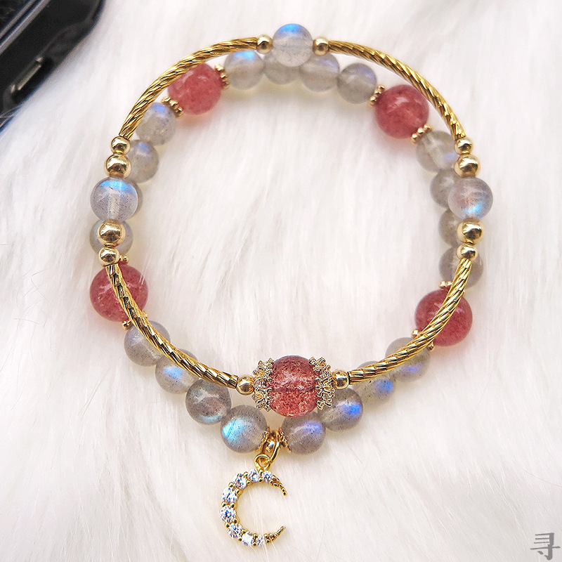 Natural 7A full blue light gray Moonstone strawberry Crystal sterling silver plated bracelet birthstone love Moonstone bracelet