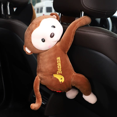 Car Tissue Box, Cute Plush Doll, Monkey-Shaped Hanging Car Tissue Box, Car Supplies (Car tissue box/set) - coffee