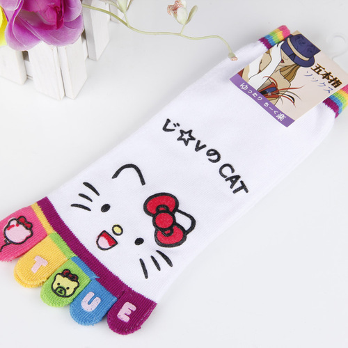 Spring and Autumn Korean Cute Dotted Cartoon Women's Toe Socks Five Toe Socks Sweat-absorbent Breathable Smiling Bear Cotton Socks