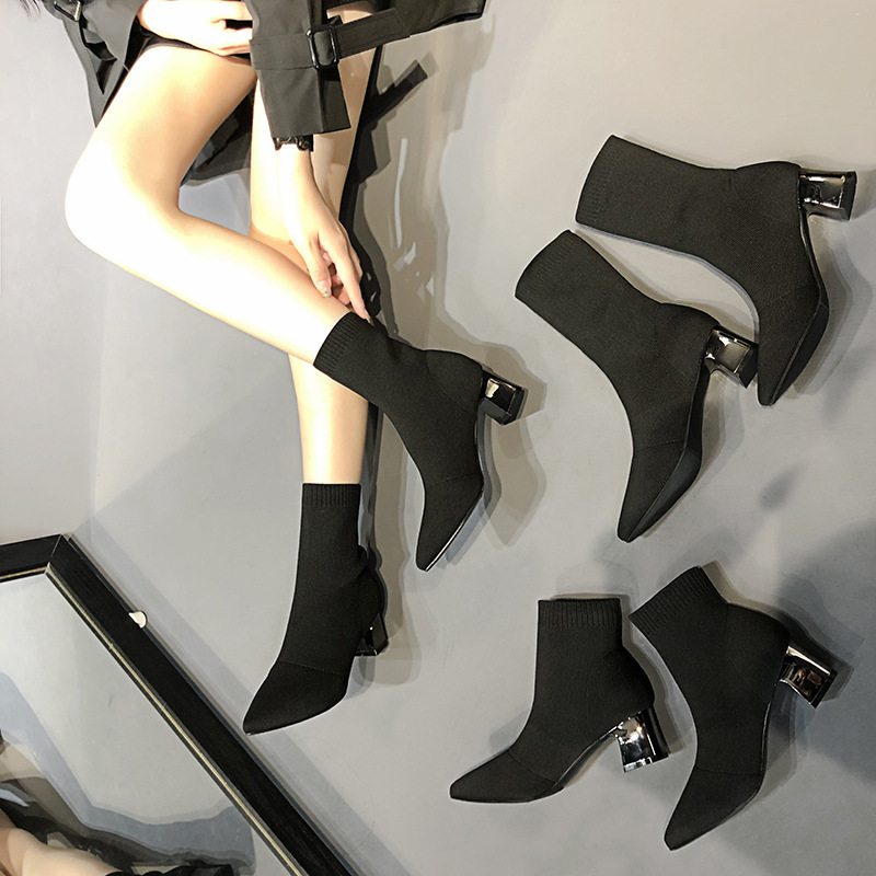 2025 Autumn and Winter Sock Boots High Heel Women's Shoes Martin High Heels Thin Thick Heels Easiest for Match New European and American Single Boots Mid-Calf Boots