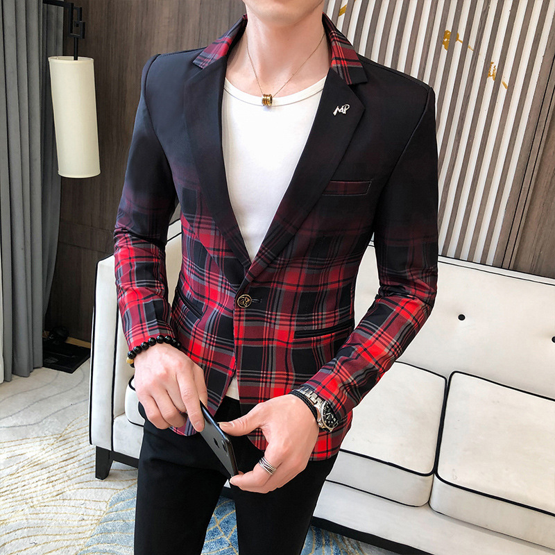 Gradient Plaid Suit Men's Korean Style Slim Suit Men's Hairstylist Work Clothes Trendyy Single West Men's Jacket Top