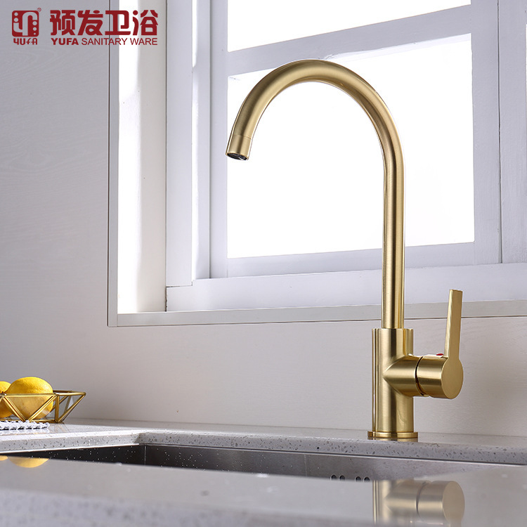 Kaiping pre-issued copper brushed gold color hot and cold single hole rotatable kitchen dishwashing basin faucet copper faucet Kaiping pre-issued copper brushed gold color hot and cold single hole rotatable kitchen dishwashing basin faucet copper faucet
