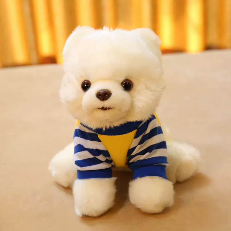 可爱仿真毛绒玩具狗白色穿衣博美犬小狗公仔玩偶布娃娃批发