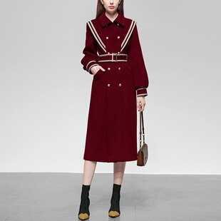 Autumn and Winter New Women's Elegant Navy Style Ribbon Mid-length Lantern Sleeve Double-breasted Wool Coat Trendy
