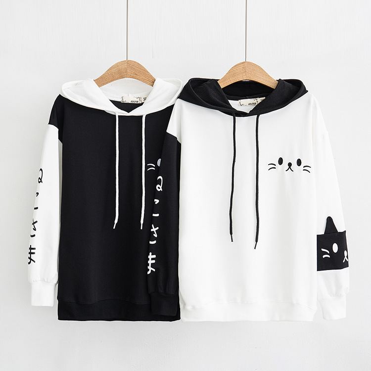 Cross-Border New European and American Women's Clothing Amazon Wish Independent Platform Creative Cat Print Color-Blocking Hooded Sweatshirt for Women in Stock
