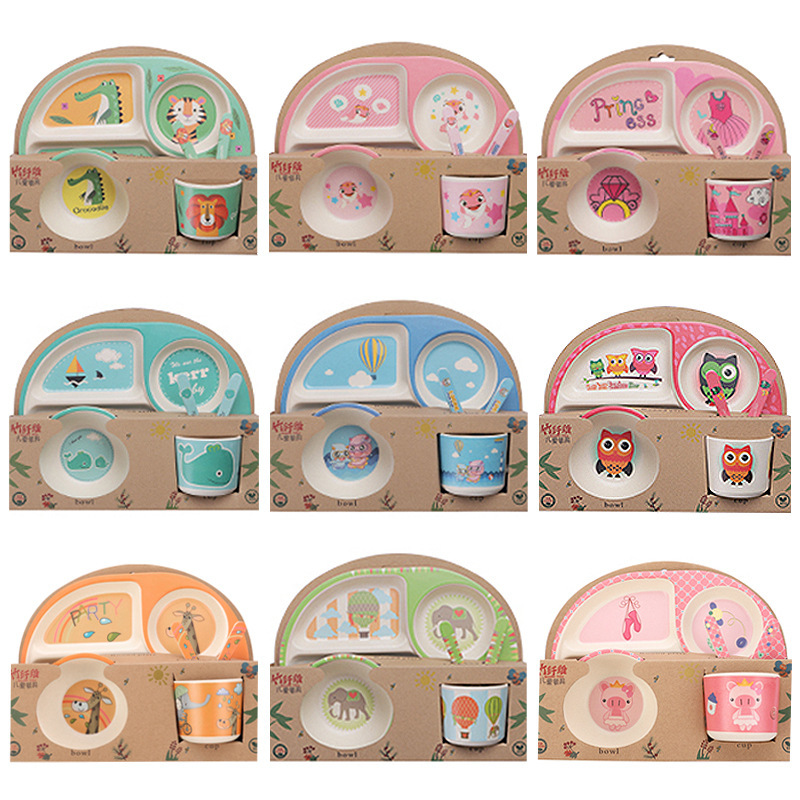 Bamboo Fiber Tableware Five-Piece Set with Four-Compartment Plate, Gift Cartoon Cute Bowl, Cup, Spoon, Fork Tableware, Export Wholesale