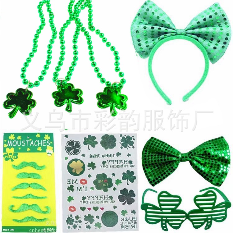 Fabricante proveedor de set irlandés día de San Patricio verde trébol corbata barba falsa set