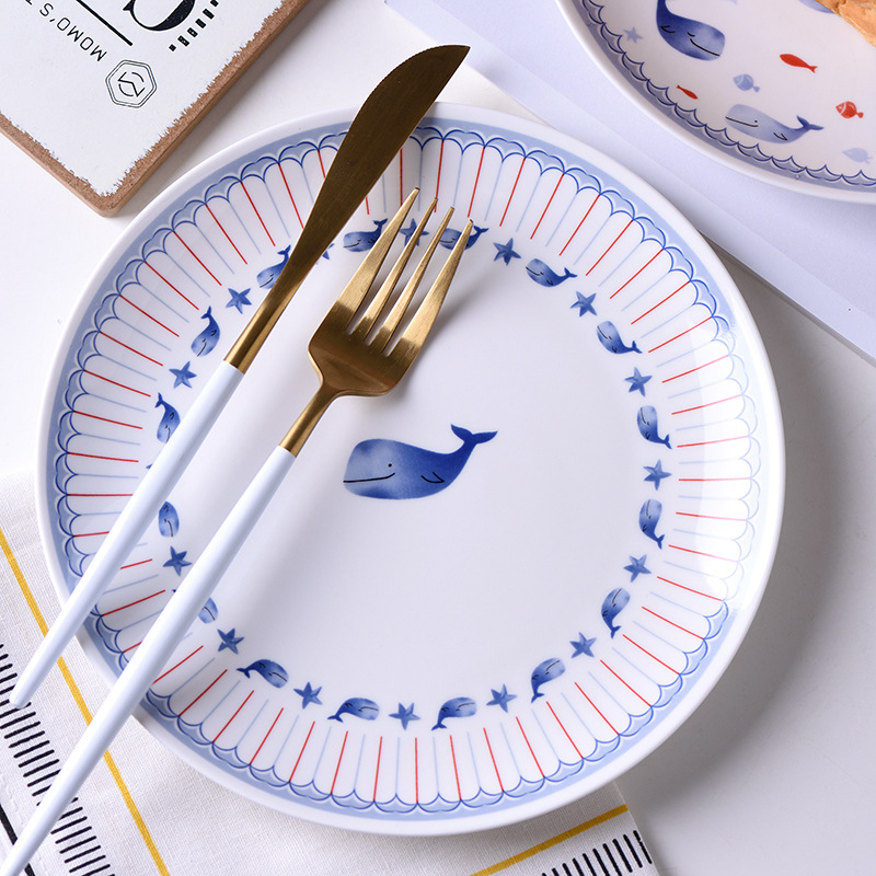 8inch Round Ceramic Plate Creative Ocean Fish Cartoon Steak Plate Home Decor Breakfast Ceramic Plate