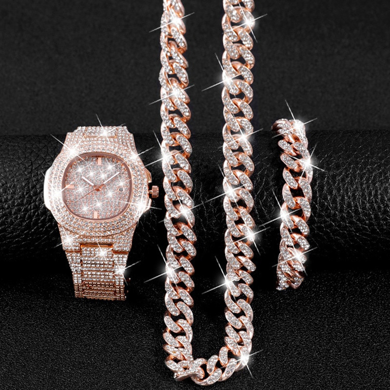 Set di braccialetti per orologio da uomo Set di 3 pezzi di gioielli per orologi stile hip-hop, collana con bracciale per orologio quadrato pieno di diamanti_voghion.com