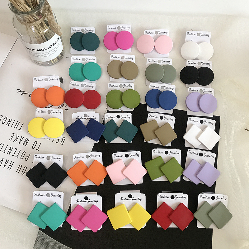 Explosive cross-border square round stud earrings frosted paint geometric exaggerated candy-colored ins South Korea acrylic earrings