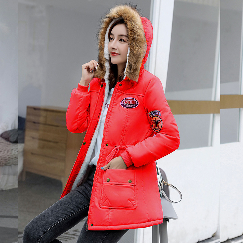 2023 otoño e invierno nuevo estilo coreano con capucha engrosada cálida chaqueta acolchada de algodón de longitud media más tamaño ropa de trabajo chaqueta acolchada de algodón para mujer