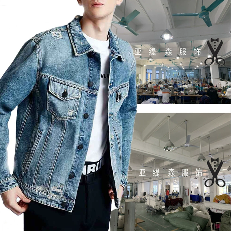 Трансграничные производители небольшая партия мужских курток, Мужская стирка, глажка и ношение старых джинсовых материалов для сращивания пакетов на заказ, логотип