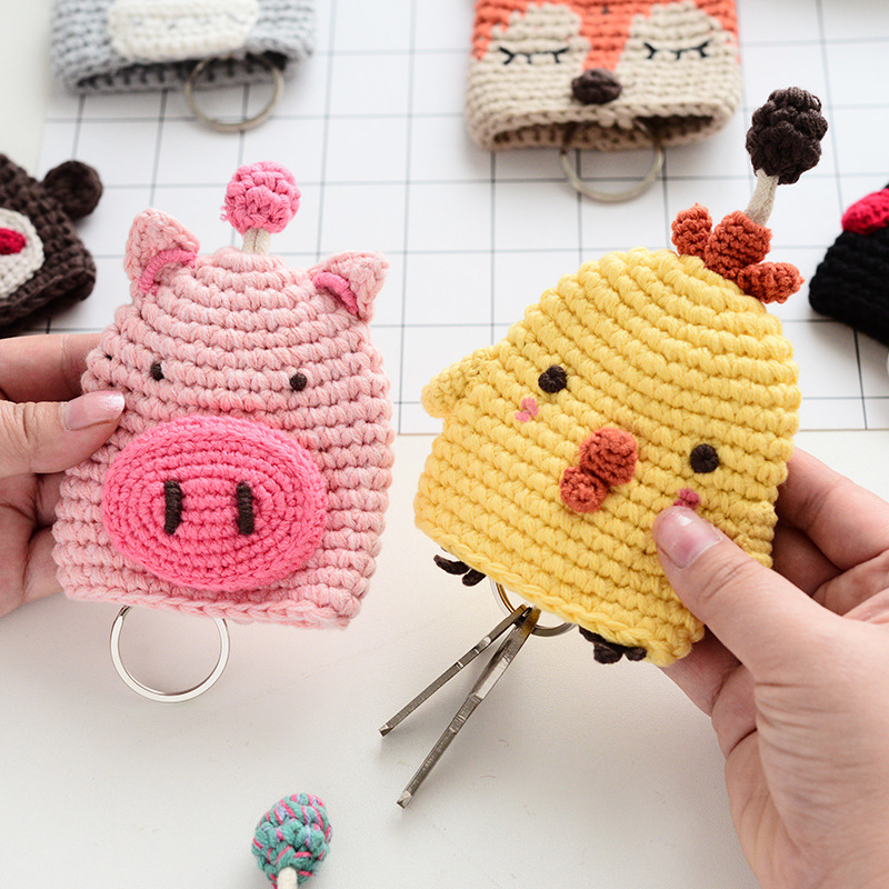 Factory Direct Sales Hand-Knitted Key Protective Cover Piggy Cartoon Wool Knitted Cute Car Key Bag Factory Direct Sales Hand-Knitted Key Protective Cover Piggy Cartoon Wool Knitted Cute Car Key Bag
