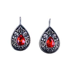 随变 欧美跨境新款水滴梨形复古耳环 泰银雕花红宝石耳坠耳饰批发