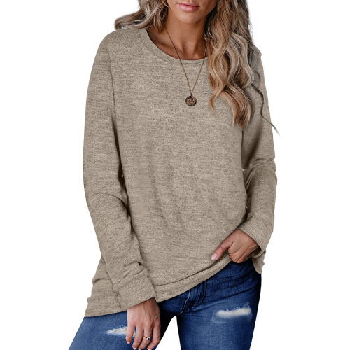 Autumn and winter European and American women's round neck pullover solid color cotton sweatshirt loose casual top T-shirt
