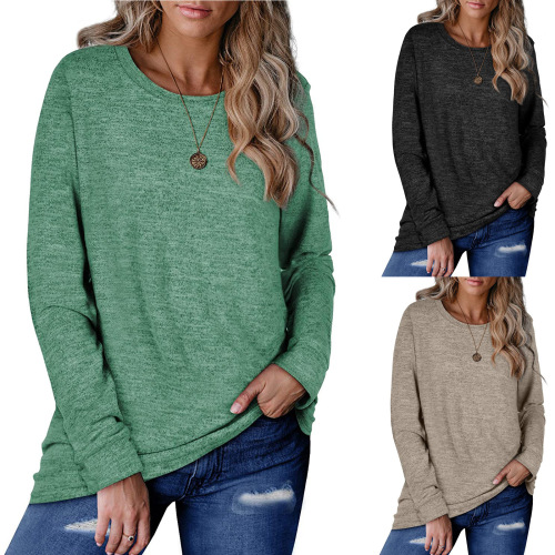 Autumn and winter European and American women's round neck pullover solid color cotton sweatshirt loose casual top T-shirt