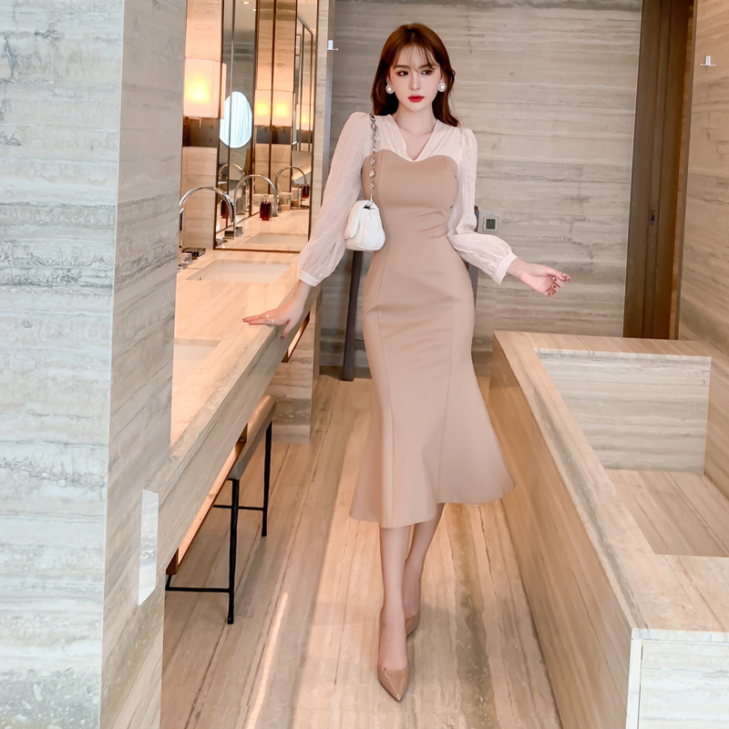Đầm ôm body nữ dáng dài tay kiểu nàng tiên cá — Màu Kaki