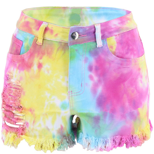 Spring and summer direct supply for Europe and America tie-dyed tassel with holes in the feet, loose women's denim shorts