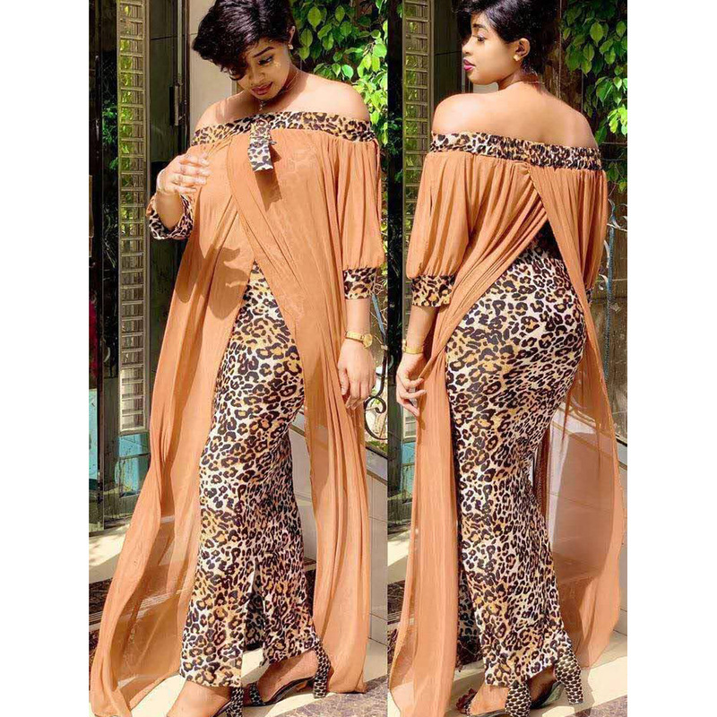 African Loose Big Gown Plus Size Chiffon Stitching Fake Two-piece Set Ankle-length Dress Leopard Print Dress for Women
