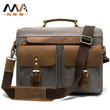 新品男士皮革手提包帆布配布公文包复古商务14寸电脑包疯马皮男潮