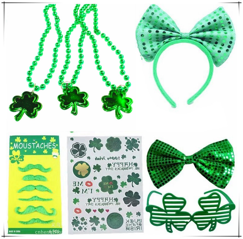 Fabricante proveedor de set irlandés día de San Patricio verde trébol corbata barba falsa set