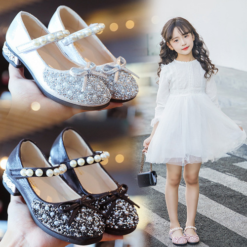 Girls high heels 2024 little girl leather shoes soft sole Elsa princess shoes children's crystal shoes flash baby shoes