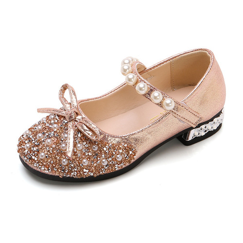 Girls high heels 2024 little girl leather shoes soft sole Elsa princess shoes children's crystal shoes flash baby shoes