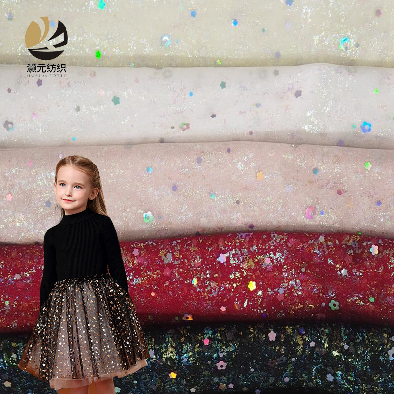 Fabricantes promocionales de bajo precio de flor de ciruela sequinilla punto fantasma de malla multicolor tela de ropa infantil falda