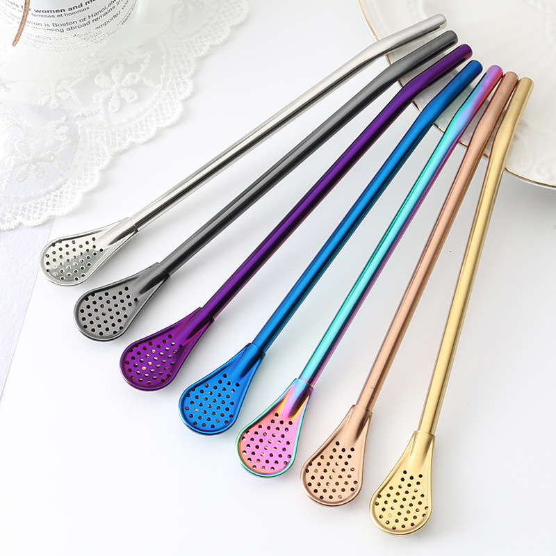 Creative stainless steel straw spoon, filter drink stirrer straw, milk tea coffee straw gift wholesale