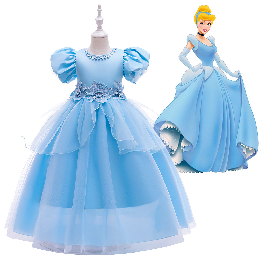 2024 Cenicienta nueva burbuja manga niños vestido princesa vestido medio y grande malla mullido niñas vestido de noche