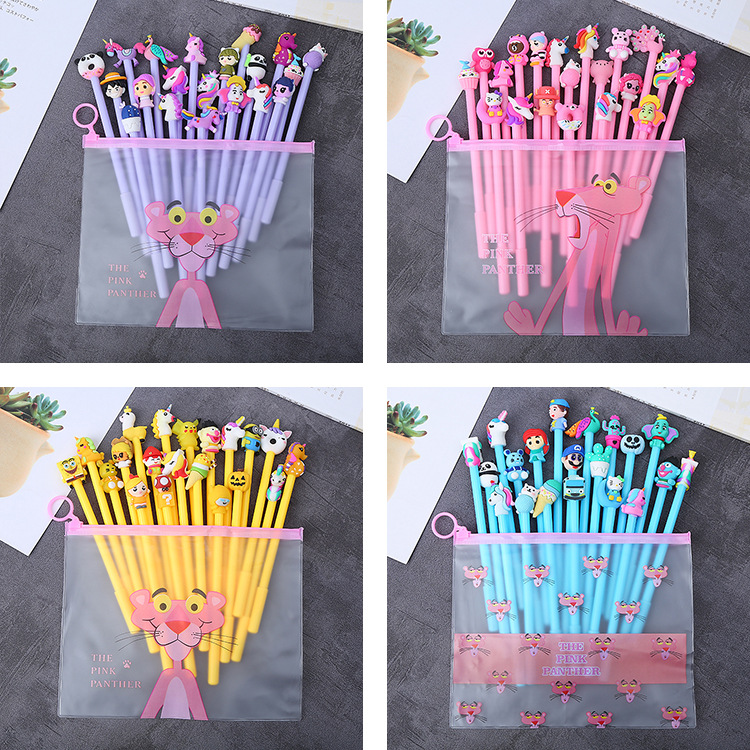 Estudiante gel pluma combinación traje 20 piezas caja de lápiz libre Oficina papelería firma pluma tridimensional muñeca cabeza pluma de agua