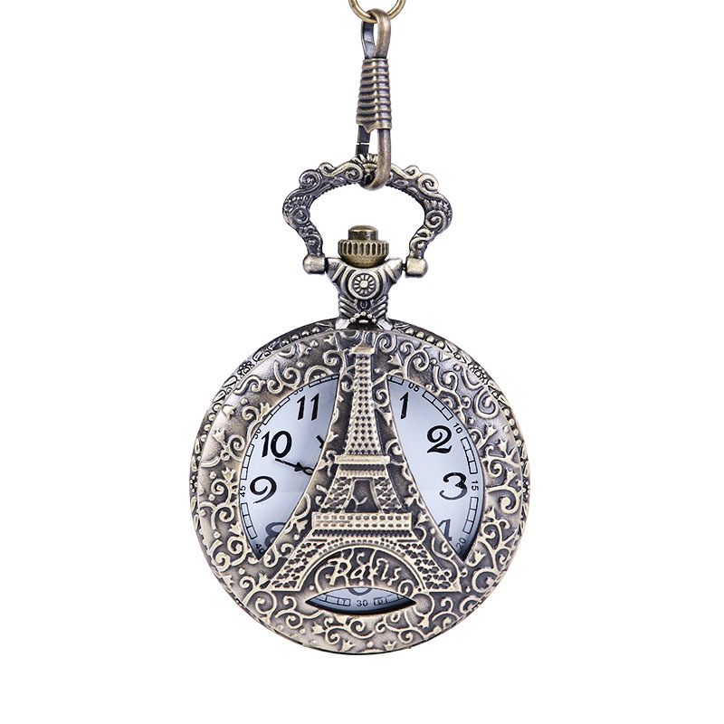 Hollow Tower Vintage Pocket Watch Bronze Large Thick Chain Double-Sided Carved Paris Tower Pocket Watch 8013