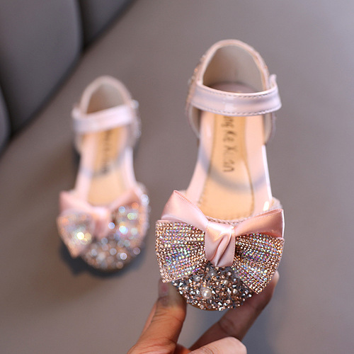 Girls' single shoes spring and summer new casual colorful diamond bow small and medium children's dance shoes performance shoes 