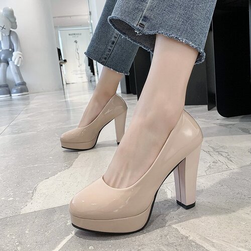Spring and Autumn Women's Shoes Thick Heels Single Shoes Nude Color High Heels Women's Nightclub Bridesmaid Shoes Wedding Shoes Trendy