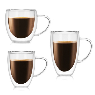 高硼硅耐热玻璃带把双层杯果汁杯 蛋形隔热玻璃双层咖啡杯牛奶杯