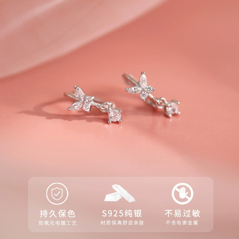 Fashionable cute small design short earrings with bow, silver 925 sample, Korean style
