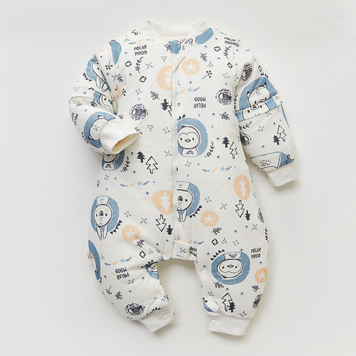 Children's sleeping bag for autumn and winter, anti-kicking, baby one-piece suit, gauze sleeping bag, winter interlayer 200g, thick leg opening baby sleeping bag