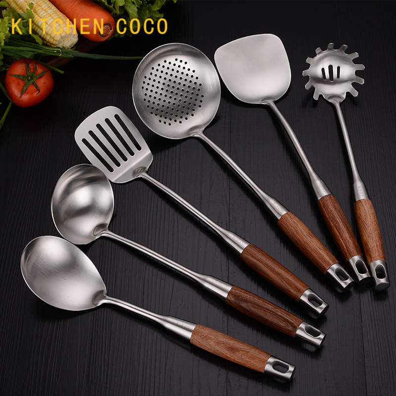 304 # 스테인레스 주방용품 6 종세트 배 나무 손잡이 주걱 소쿠리 주방 요리 호텔 주걱 냄비 스푼