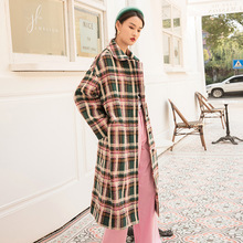 2020秋冬新款格子中长款毛呢大衣复古彩色格纹外套一件代发91198
