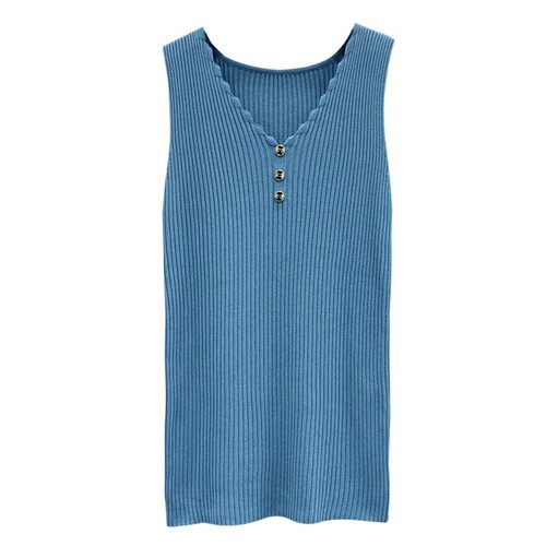 Women's Summer Outerwear Ice Silk Knit Tank Top with Oversized Button Straps, Versatile Base Layer Top, Sexy V-Neck T-Shirt Top