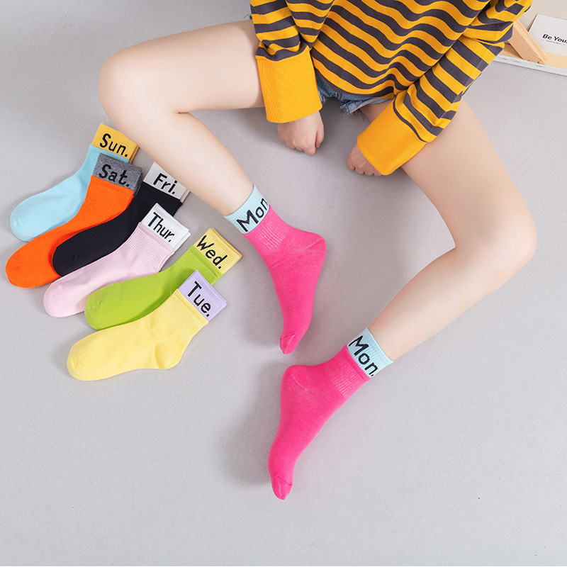Cross-Border New Style Double Cuff Weekly Socks for Women, Mid-Calf Socks with Seven-Day Letter Color-Blocking, Korean Style Women's Cotton Socks Cross-Border New Style Double Cuff Weekly Socks for Women, Mid-Calf Socks with Seven-Day Letter Color-Blocking, Korean Style Women's Cotton Socks
