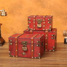 外贸套三带锁收纳箱子仿古影视道具箱木质复古方形首饰盒一件代发