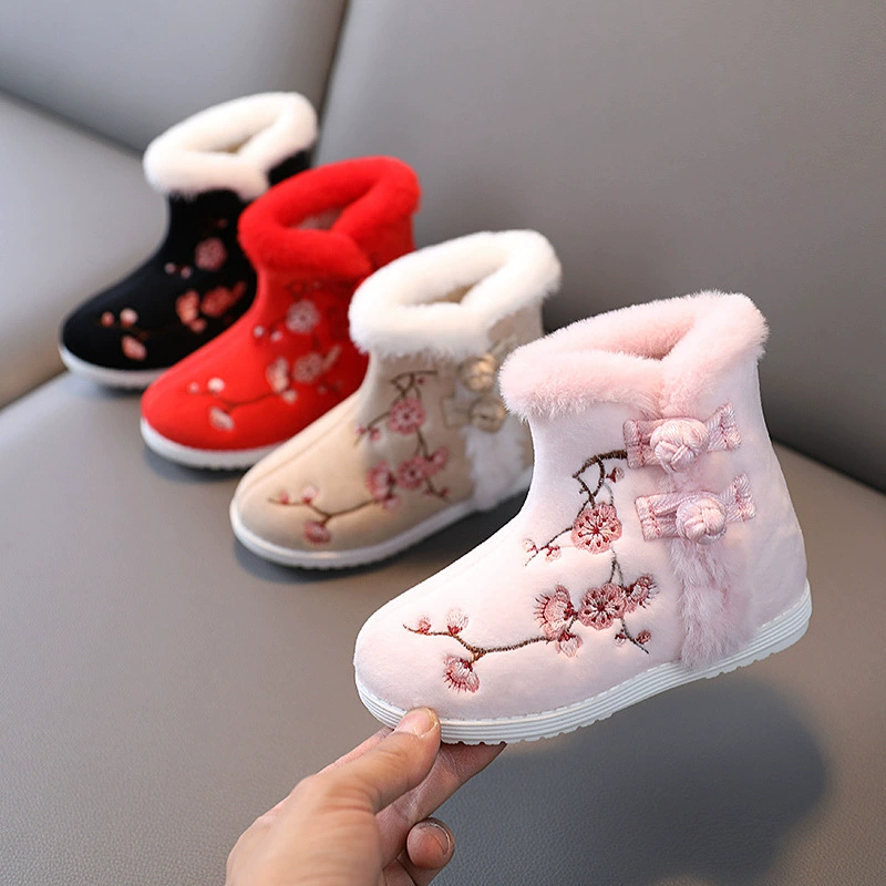 Зимняя обувь для девочек на флисовой подкладке, обувь ханьфу, обувь с вышивкой, детская обувь принцессы, Новогодняя обувь, старая Пекинская Тканевая обувь, зимние сапоги