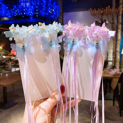 New Children's Hanfu Hair Accessories Flower Butterfly Ancient Style Headdress Retro Tassel Streamers Ancient Costume Hairpins Tang Suit Accessories